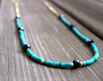 Beaded Turquoise and Gold Long Necklace with 14k Gold Chain Layering Necklace with Turquoise Gold and Black Beads