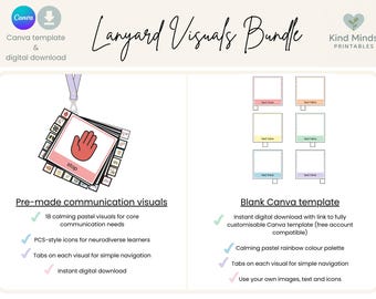 May include: A digital download bundle of Lanyard Visuals. The bundle includes pre-made communication visuals with a stop hand icon and a blank Canva template. The visuals are designed with calming pastel colors and are suitable for neurodiverse learners.