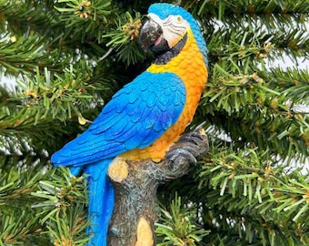 Colorful Macaw on Branch Ornament (blue or red)