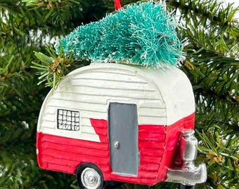 Camper RV with Christmas Tree Ornament