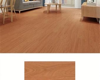 Könnte beinhalten: Ein Set aus 10 Holzoptik-Bodenbelagsplanken in einem warmen, mittelbraunen Farbton mit sichtbarer Maserung. Die Planken sind in einem Wohnzimmer verlegt dargestellt sowie als einzelnes rechteckiges Musterstück darunter.
