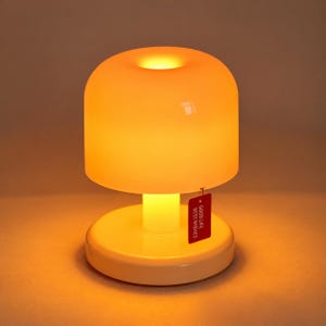 Peut inclure: Une lampe de table en forme de champignon avec une base blanc cassé lisse et un abat-jour dôme orange translucide et lumineux. Une petite étiquette rouge rectangulaire pend de l'abat-jour avec le texte blanc : GOOD LIFE BEST WISHES.