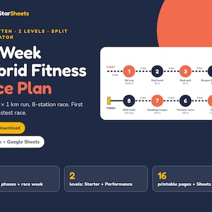 May include: A 12-week hybrid fitness race plan digital document by GoldStarSheets. It features a race course diagram with 8 stations, including a 1 km run between each, and details for 2 levels, 12 weeks, 3 phases, and 16 printable pages.