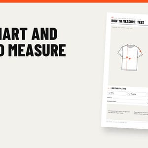 May include: A Brand Builder size chart and how to measure kit document featuring a line drawing of a t-shirt with red circular markers indicating chest, length, and sleeve measurement points, alongside instructional text for garment sizing.