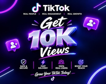 May include: A digital graphic featuring the TikTok logo and the text Get 10K Views in large, metallic, glowing purple and blue letters. The design includes icons for user growth, safe delivery, and reach against a dark background.