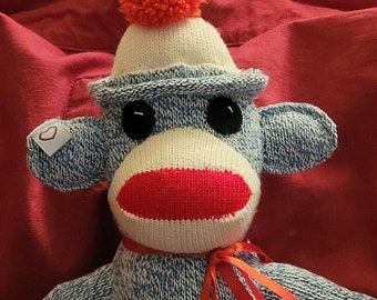 Sock Monkey Doll Classic 20" Blue With Safety Eyes Large Rockford Red Heel Socks