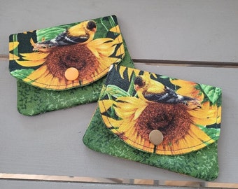 Fabric Yellow Bird & Sun Flower mini wallet credit card holder 3 slot FREE SHIP