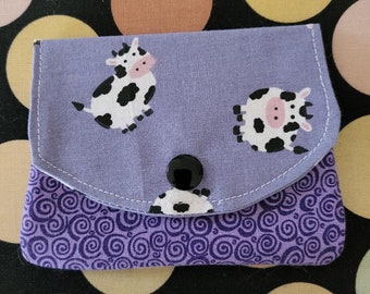 Fabric  Purple Cows mini wallet credit card holder 3 slot FREE SHIP