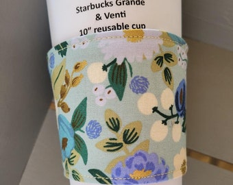 Blue Blossom Mint Fabric Iced Coffee Sleeve Cuff Cozy Fits Starbucks Grande & Venti 10" Circumference