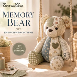 May include: A memory bear sewing pattern by ZenoraVibes, featuring a digital download. The bear is crafted from patchwork fabric in shades of green, blue, and cream with floral and gingham prints, a small heart patch, and button eyes, sitting on a wooden swing.