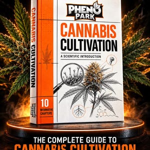 Op de afbeelding: Een wit en oranje e-boek getiteld Pheno Park Cannabis Cultivation: A Scientific Introduction. De cover toont een vergrootglas boven een cannabisknop, een chemische structuur en de tekst 10 Informative Chapters. Het boek staat verticaal.