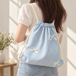 Blue Gingham Drawstring Backpack, Coquette Bow Bag, Cute Plaid Rucksack, Cottagecore Gym Bag, Gift for Her