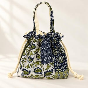 Small Botanical Fabric Purse with Handles, Cottagecore Style, Floral Drawstring Handbag, Patchwork-Style Bucket Bag