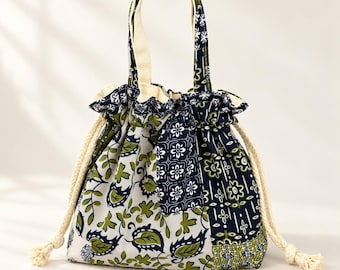 Small Botanical Fabric Purse with Handles, Cottagecore Style, Floral Drawstring Handbag, Patchwork-Style Bucket Bag