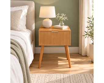 Walnut Fluted Nightstand, Bedside Table with Drawer,Small Wood End Table with Open Shelf, Mid Century Modern Bedroom Furniture
