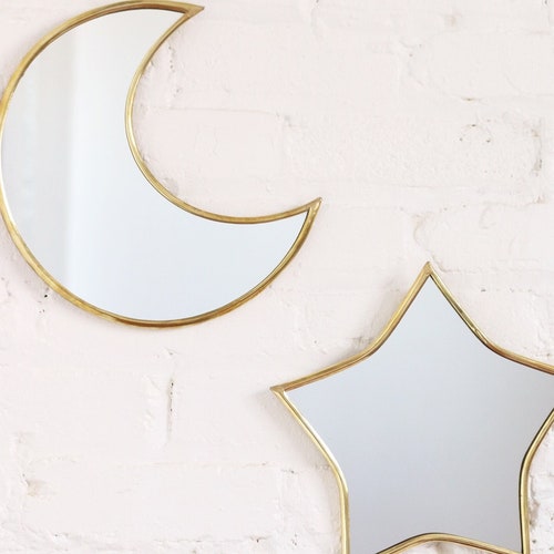 Moon & Star Mirrors Gold Brass DUO Nursery Decor Wall Etsy