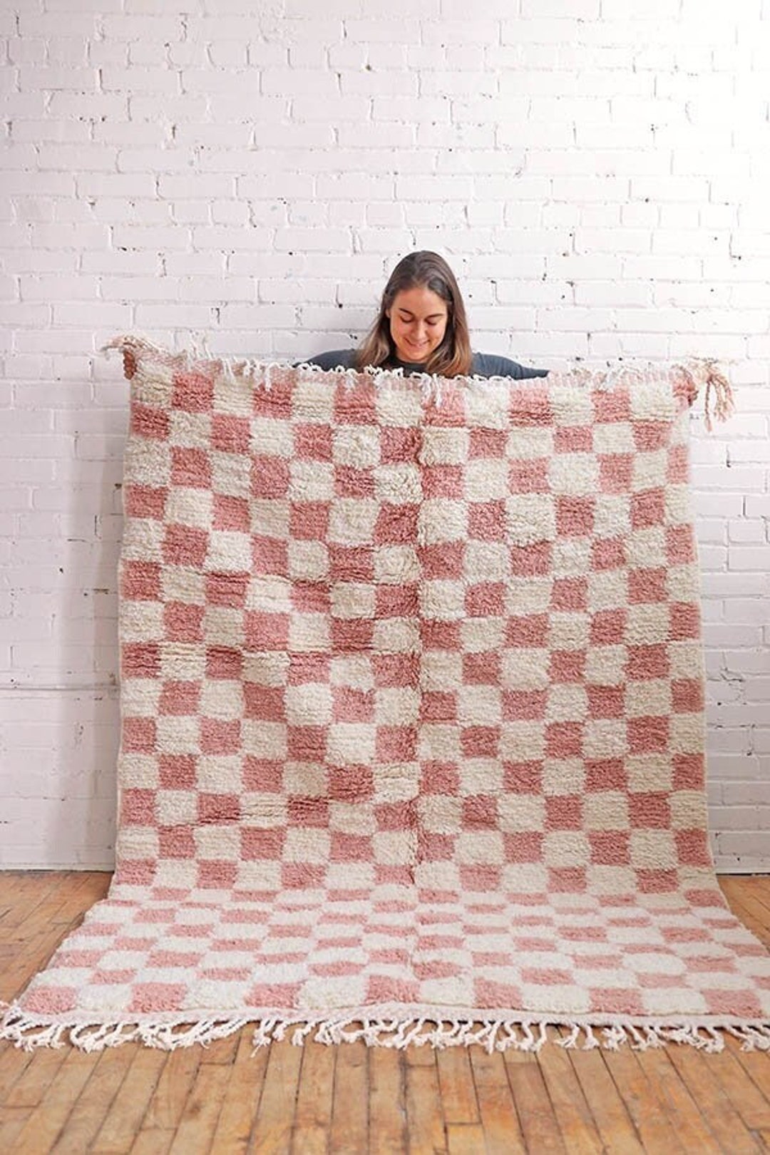 Wool Check Rug Checkered Rug, Moroccan Wool Rug, Handmade Checkered Rug, Pink ...
