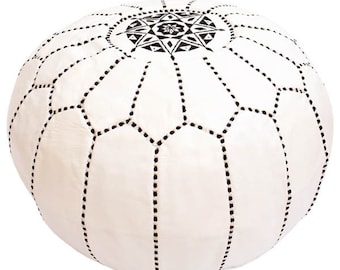 Pouf Moroccan Leather -50% OFF  | Handmade Ottoman | Unfilled | White Leather & Black embroidery | Modern Boho Home Decor