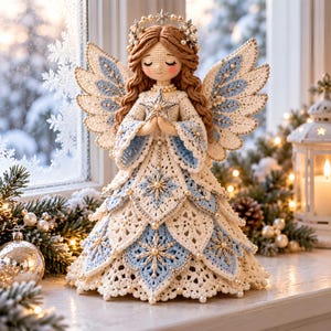 May include: A crocheted angel figurine with light brown yarn hair, a halo of pearls, and large wings. The angel wears a layered white and light blue dress adorned with pearl accents and snowflake-shaped embroidery, holding a small star.