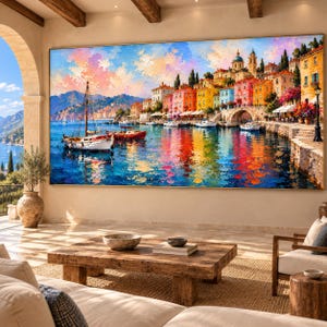 May include: A large rectangular wall art print featuring a vibrant coastal scene with colorful buildings, a stone archway, and boats floating on deep blue water. The sky is filled with textured clouds in shades of pink, orange, and blue.