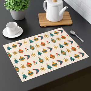 Mid Century Modern Christmas Placemat, Retro Atomic Baubles Cotton Table Mat