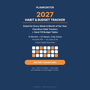 Könnte beinhalten: Ein dunkelblauer digitaler 2027 Gewohnheits- und Budgetplaner mit orangefarbenen Akzenten. Der Text beschreibt 12 Monate, 53 Wochen, Checkboxen für Gewohnheiten, Budgettabellen zum Ausfüllen sowie PDF-Optionen in US Letter und A4.