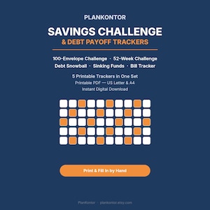 Könnte beinhalten: Eine digitale Grafik auf dunkelblauem Hintergrund mit dem Titel PLANKONTOR SAVINGS CHALLENGE & DEBT PAYOFF TRACKERS. Sie listet 100-Envelope Challenge, 52-Week Challenge, Debt Snowball, Sinking Funds und Bill Tracker mit einem Raster.