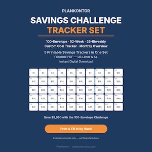 Könnte beinhalten: Ein digitales Spar-Challenge-Tracker-Set von PLANKONTOR mit 100-Umschlag-, 52-Wochen- und 26-zweiwöchentlichen Trackern. Die dunkelblaue Grafik zeigt ein Raster aus 50 weißen Feldern, nummeriert von 1 bis 50 mit Beträgen von 1 bis 50 $.