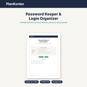 Könnte beinhalten: Ein digitales Dokument mit dem Titel PlanKontor Password Keeper & Login Organizer. Das druckbare PDF-Formular enthält Abschnitte für Website, Benutzername und Passwort sowie eine Anleitung zur Verwendung und eine Liste des Inhalts.