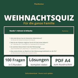 Könnte beinhalten: Eine dunkelgrüne digitale Quizkarte mit dem Titel WEIHNACHTSQUIZ Für die ganze Familie. Sie enthält ein weißes Feld mit vier Fragen zu Advent und Bräuchen sowie drei weiße Felder mit der Aufschrift 100 Fragen, Lösungen und PDF A4.