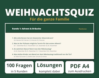 Könnte beinhalten: Eine dunkelgrüne digitale Quizkarte mit dem Titel WEIHNACHTSQUIZ Für die ganze Familie. Sie enthält ein weißes Feld mit vier Fragen zu Advent und Bräuchen sowie drei weiße Felder mit der Aufschrift 100 Fragen, Lösungen und PDF A4.