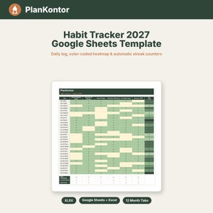 May include: A 2027 habit tracker Google Sheets template by PlanKontor featuring a daily log, color-coded heatmap, and automatic streak counters. The interface displays a grid with dates, habit columns, and a total column in shades of green.