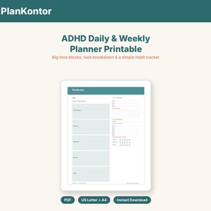 Könnte beinhalten: Ein digitaler, druckbarer ADHD-Tages- und Wochenplaner von PlanKontor. Das Dokument enthält eine blaugrüne Kopfzeile, Zeitblöcke, einen Aufgabenbereich und einen Gewohnheitstracker. Das Layout umfasst Beschriftungen für Morgen, Nachmittag, Abend und Nacht sowie Hinweise auf PDF, US Letter und A4 Formate.