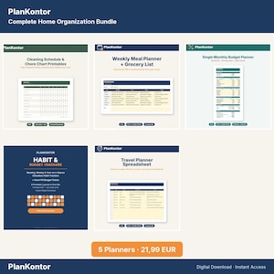 Könnte beinhalten: Ein digitales PlanKontor Haushaltsorganisations-Paket mit fünf Vorlagen: Reinigungsplan, wöchentlicher Essensplan mit Einkaufsliste, monatlicher Budgetplaner, Gewohnheits- und Budget-Tracker sowie eine Reiseplanungs-Tabelle.