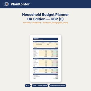 Könnte beinhalten: Eine digitale Haushaltsbudgetplaner-Vorlage für Excel und Google Sheets mit dem Titel PlanKontor Household Budget Planner UK Edition GBP. Das Dokument enthält Abschnitte für Einnahmen, Fixkosten, variable Ausgaben, Sparziele und eine Zusammenfassung.