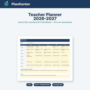 Könnte beinhalten: Ein digitaler Lehrerplaner für 2026-2027 mit dem Titel PlanKontor. Die Tabelle enthält einen wöchentlichen Unterrichtsplan, Sitzplan und Notenbuch. Sie bietet ein Rasterlayout mit Wochentagen und Unterrichtsperioden, verfügbar als XLSX, Excel, Google Sheets und PDF-Datei.