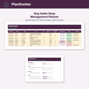 Könnte beinhalten: Ein digitaler PlanKontor Etsy Shop-Management-Planer als Excel-Tabelle mit einer Auftragsverfolgung, die Spalten für Datum, Bestellnummer, Käufer, Artikel, Menge, Preis, Bearbeitungszeit, Versanddatum, Status und Sendungsnummer enthält.
