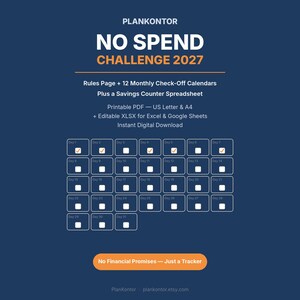Könnte beinhalten: Ein digitaler No Spend Challenge 2027 Tracker von Plankontor. Enthält eine Regelseite, 12 monatliche Check-Kalender und eine Spar-Tabelle. Zeigt ein Raster für 31 Tage mit Häkchen-Symbolen, verfügbar als druckbares PDF-Dokument.
