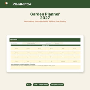 Könnte beinhalten: Eine digitale Gartenplaner 2027 Vorlage mit dem Titel PlanKontor, die ein Beet-Layout-Raster mit Zeilen für Gemüse wie Tomaten, Paprika und Basilikum zeigt. Enthält Abschnitte für Aussaat, Pflanzkalender und Ernteprotokolle in den Formaten XLSX, Google Sheets und PDF.