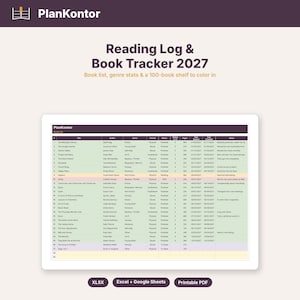 Könnte beinhalten: Eine digitale Leseprotokoll- und Buch-Tracker-Vorlage 2027 von PlanKontor. Die Benutzeroberfläche zeigt eine Bücherliste mit Spalten für Titel, Autor, Genre, Format, Status, Bewertung, Seitenzahl, Datum und Notizen, verfügbar als XLSX, Excel, Google Sheets oder PDF.