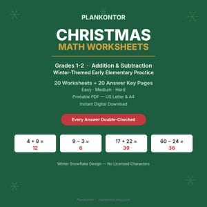 Może przedstawiać: Cyfrowy plik do pobrania z bożonarodzeniowymi arkuszami matematycznymi od PLANKONTOR na ciemnozielonym tle. Zawiera 20 arkuszy i 20 stron z odpowiedziami dla klas 1-2, obejmujące dodawanie i odejmowanie na różnych poziomach trudności.