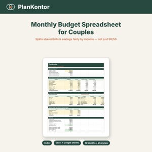 Puede incluir: Una hoja de cálculo de presupuesto mensual digital para parejas de PlanKontor, con secciones para ingresos del hogar, gastos compartidos, gastos personales y objetivos de ahorro, compatible con los formatos de Excel y Google Sheets.