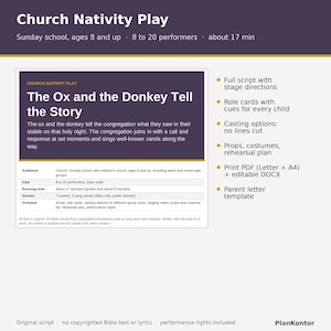 教会降誕劇台本、日曜学校と子供教会のクリスマス劇、牛とロバ、印刷可能なPDF + 編集可能な役割カード