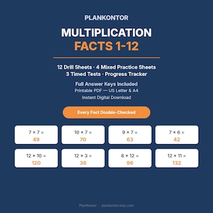 Könnte beinhalten: Ein digitales Lernmaterial mit dem Titel PLANKONTOR MULTIPLICATION FACTS 1-12. Es enthält 12 Übungsblätter, 4 gemischte Übungsblätter, 3 Zeit-Tests, einen Fortschrittstracker und Lösungsschlüssel als druckbare PDF-Dateien.