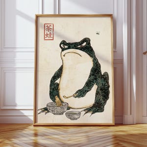 Arte do Sapo Rabugento, Decoração Divertida para Cozinha Japonesa, Estampa de Sapo Matcha, Pôster de Animal Verde Escuro, Decoração de Parede Exclusiva para Sala de Chá