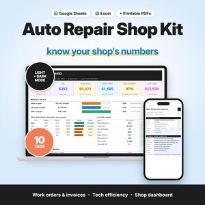 May include: An Auto Repair Shop Kit digital dashboard displayed on a laptop and smartphone screen. The interface features data tables, performance metrics, and status lights with light and dark mode options. Text includes Auto Repair Shop Kit, know your shop's numbers, 10 TABS, and Main Street Auto Service.