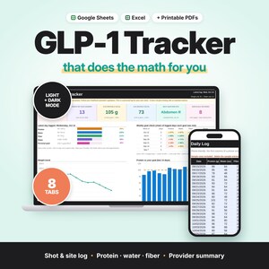 May include: A digital GLP-1 Tracker spreadsheet displayed on a laptop and smartphone screen. The interface features data tables, progress bars, and charts for tracking protein, water, fiber, and weight trends with light and dark mode options.