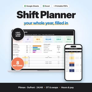 May include: A digital shift planner displayed on a laptop and smartphone screen. The interface shows data tables, progress bars, and status lights for work schedules. Text includes Shift Planner, Light + Dark Mode, 8 Patterns, and My Next 2 Weeks.