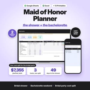 Maid of Honor Planner Spreadsheet, Bridal Shower & Bachelorette Planning, Cost Split Tracker, Guest List RSVP, Budget, Google Sheets Excel