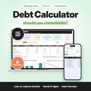 Kalkylblad för skuldkonsolideringskalkylator, jämförelse av saldoöverföring och lån, instrumentpanel för skuldbetalning, mörkt läge, Google Sheets Excel